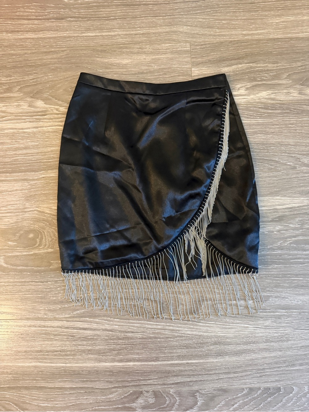Superdown Black Satin Fringe Beads Wrap Skirt